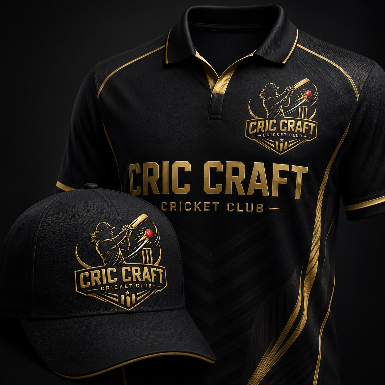 Cric Craft black and gold cricket jersey and cap